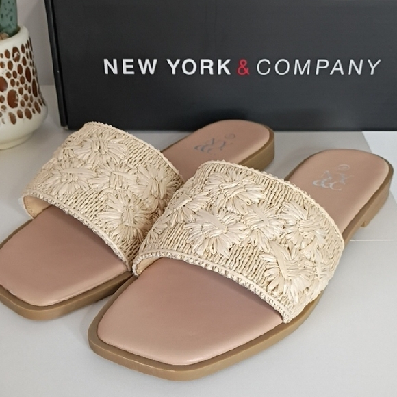 New York & Company Women's 9  Tan Slide Sandals Single Band Stich Flat Sandal - Picture 2 of 8